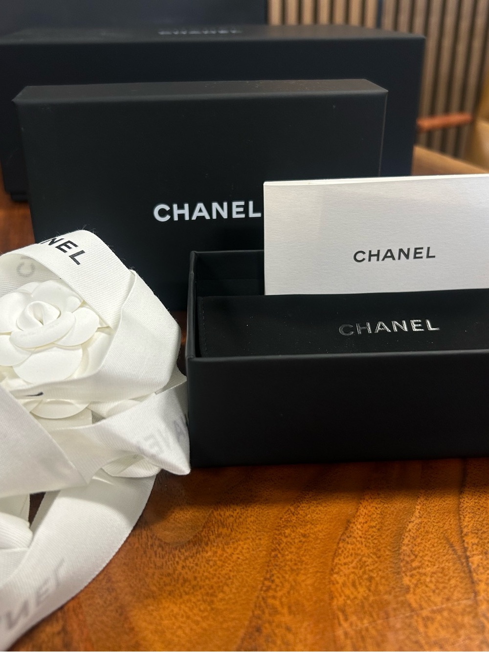 CHANEL Gift Box & Dust Bag with white Camellia accessory-Small Rectangular